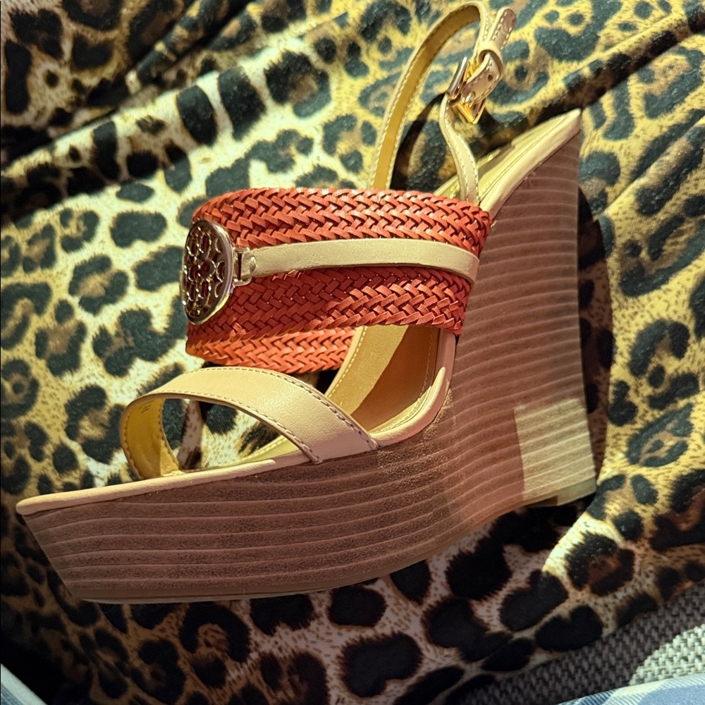 Coach Red and Tan Woven Wedges